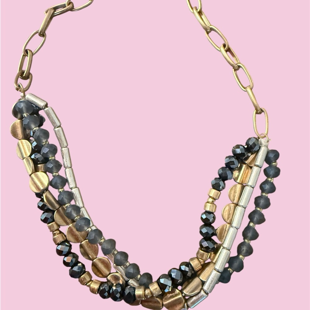 Multi-Strand Gold and Gray Beaded Women's Necklace
